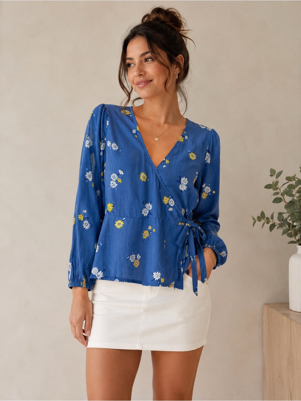 Old Navy Blue Floral Wrap Blouse with Daisy Print